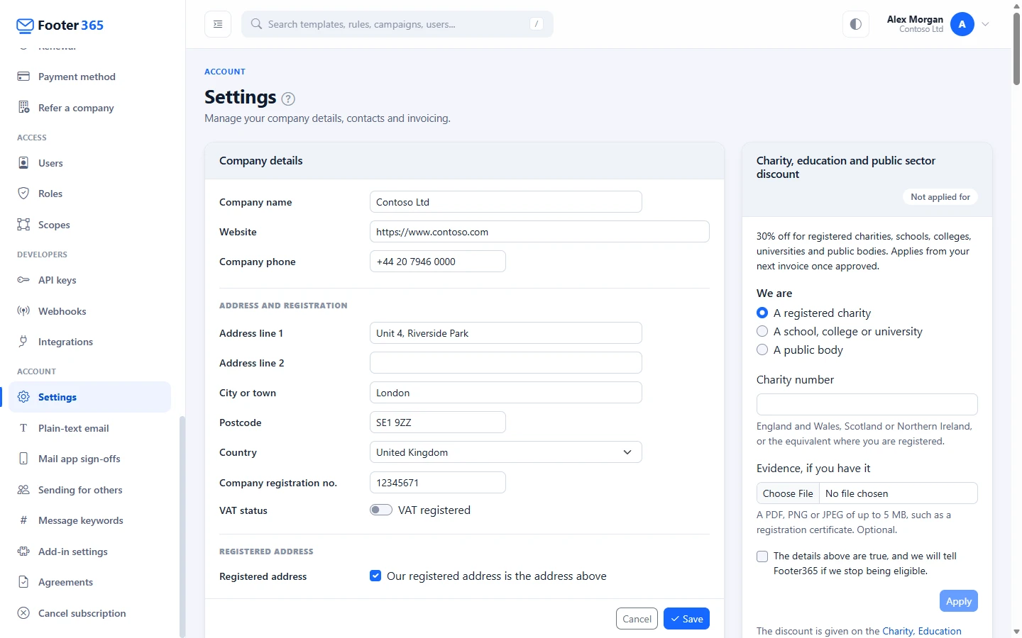 The Account Settings page with company, address and registration details