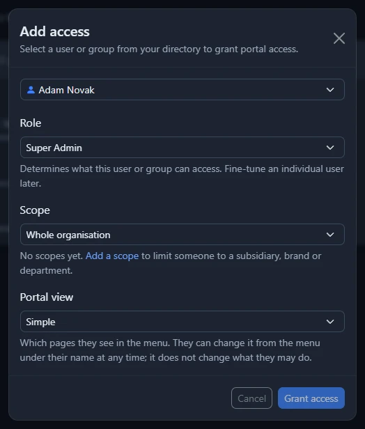 The Add access window for choosing a person or group and their role