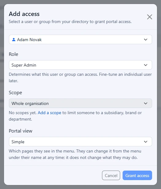 The Add access window for choosing a person or group and their role
