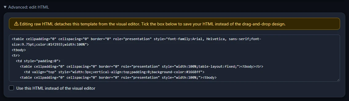 The Advanced: edit HTML section with its warning, HTML box and tick box