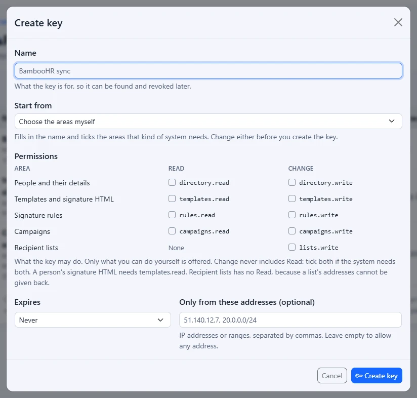 The Create key window with the key's name, what it may do for each area, when it expires and the addresses it may be used from