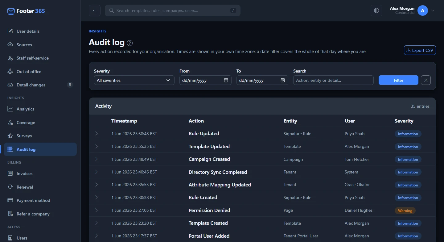 The Audit log with its filters and a list of recorded actions