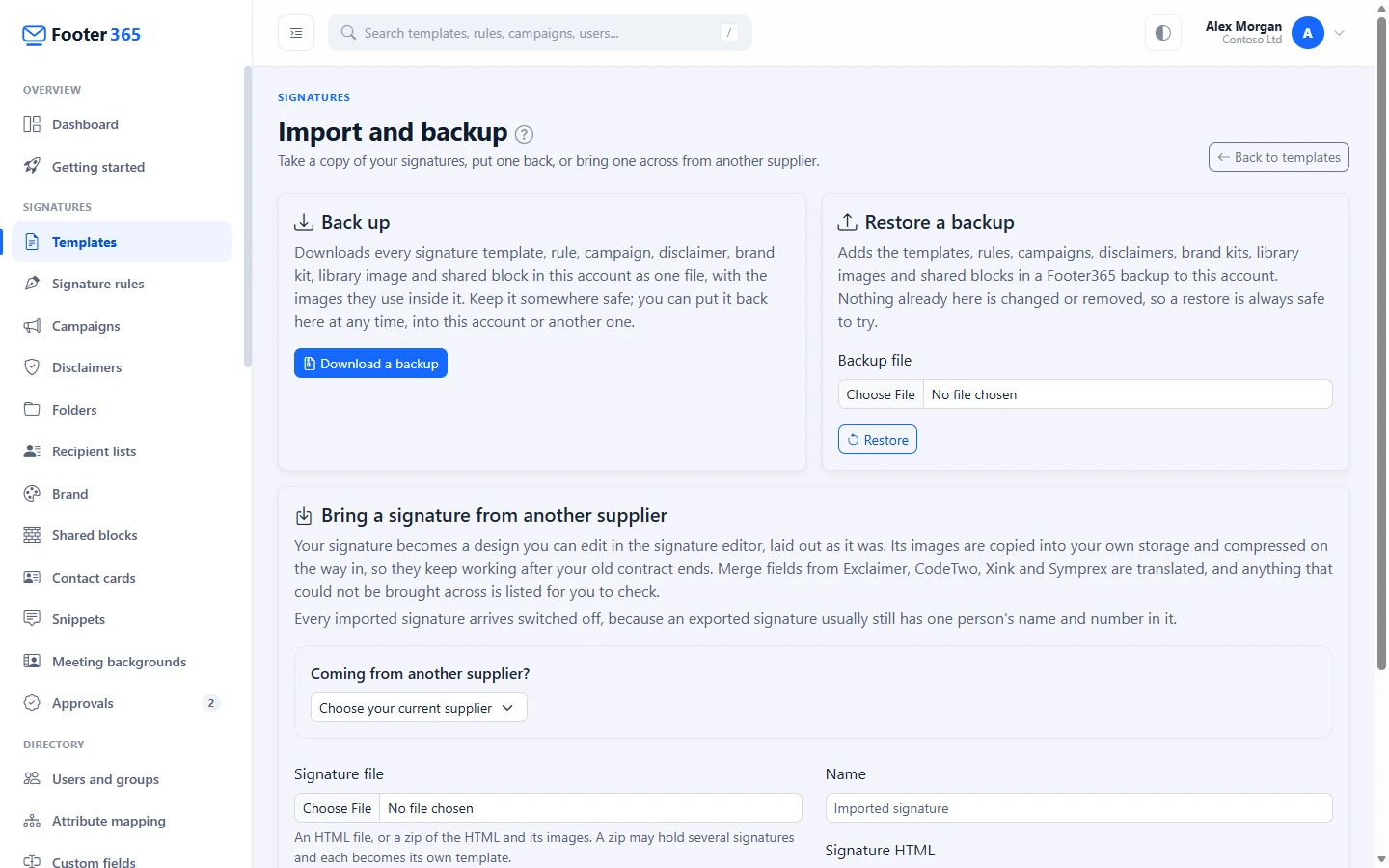 The Import and backup page with the Back up and Restore a backup cards