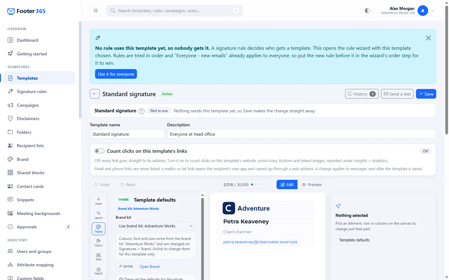 The signature editor with the Theme panel open for a template that follows a brand kit, showing the Brand kit list, its note with Unlink and Open Brand, and the padlocks beside the fonts and colours the kit sets