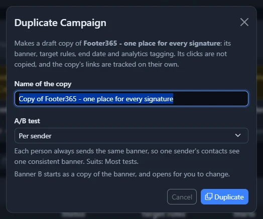 The Duplicate Campaign window with the name of the copy and the A/B test list