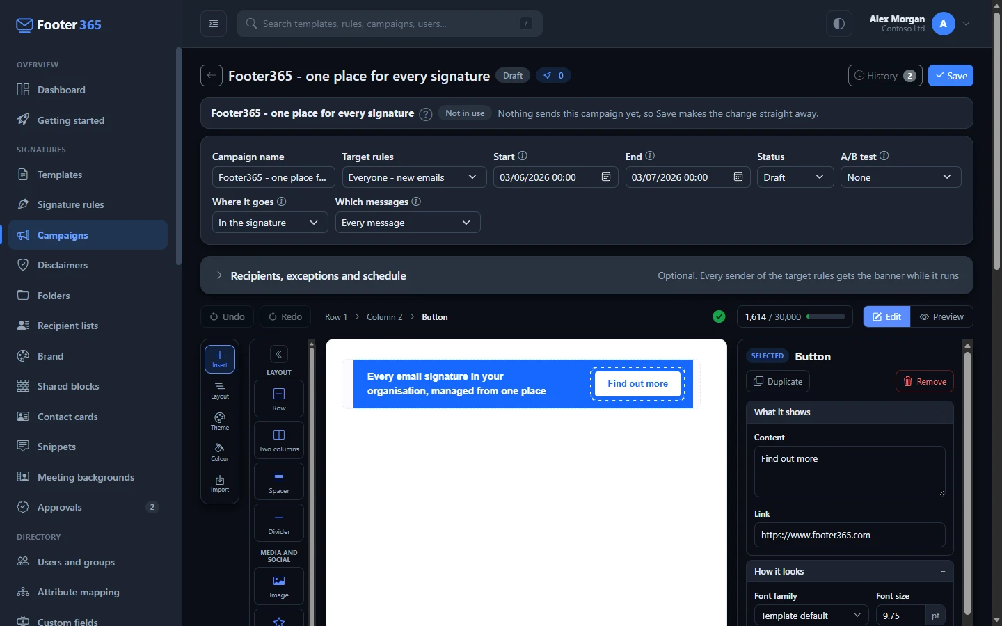 The campaign editor with the name, target rules, start, end, status and A/B test fields in one row above the canvas