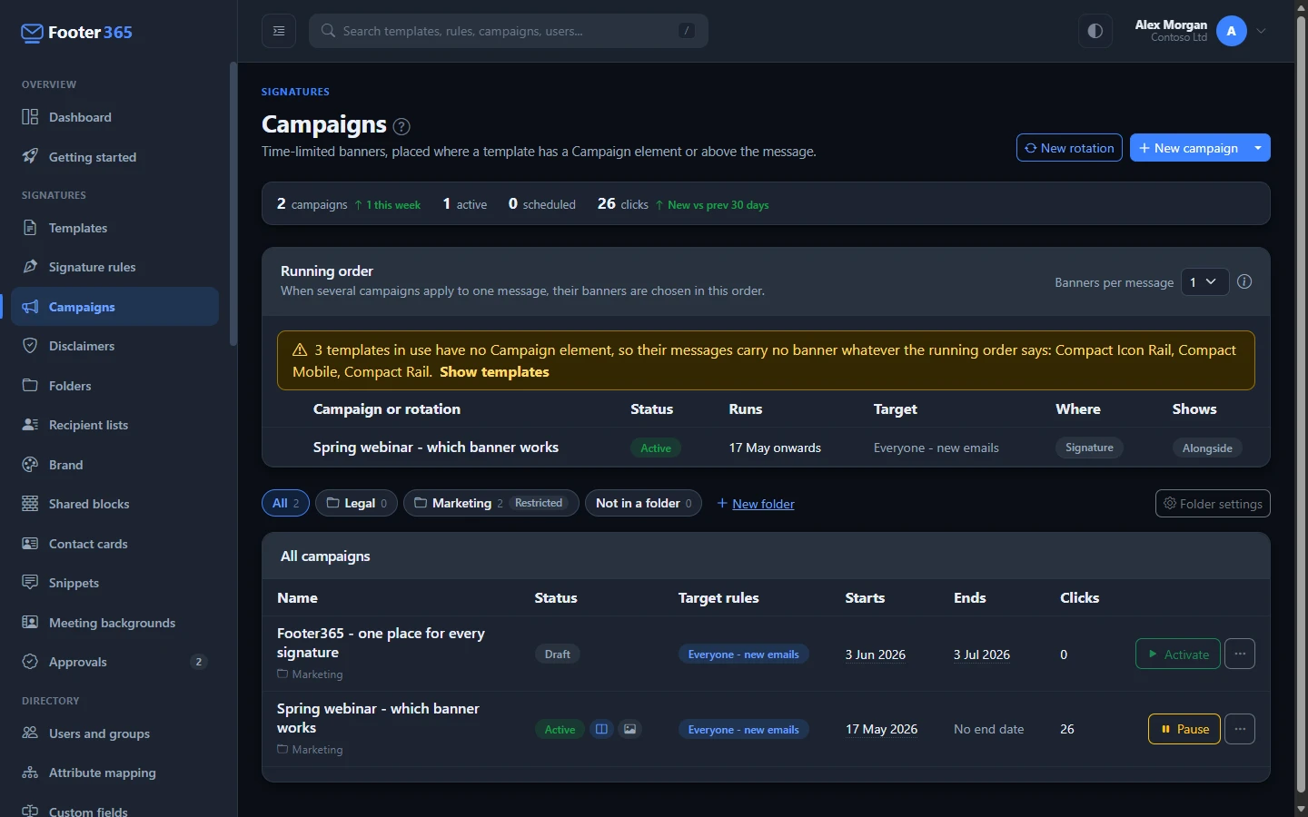 The Campaigns page with the New campaign button and the list of campaigns