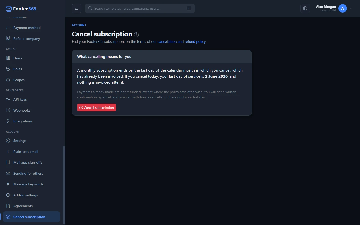 The Cancel subscription page for a customer billed through a reseller, with the reseller's contact details