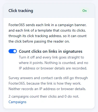 The Click tracking card on Account Settings, with the Count clicks on links in signatures switch