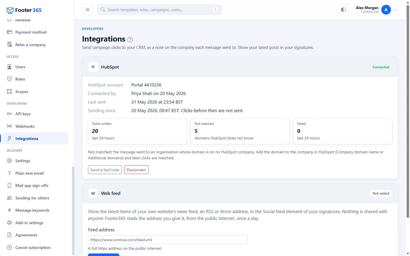 The Integrations page with HubSpot connected, showing the HubSpot account, who connected it and when, when a note was last written, since when clicks are sent, the notes written, domains not matched and notes failed in the last 24 hours, and the Send a test note and Disconnect buttons