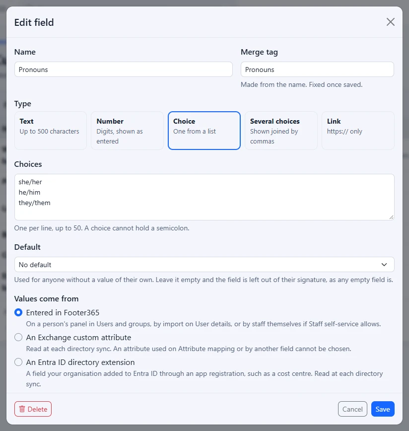 The Edit field window for a Choice field, with its name, merge tag, type, choices, default and where its values come from