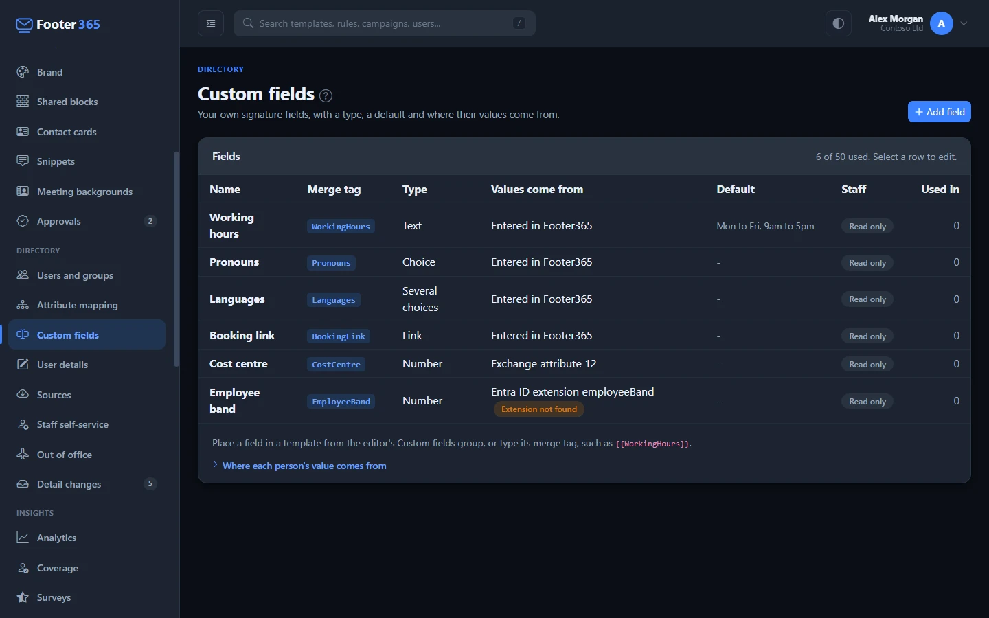 The Custom fields page listing each field with its merge tag, type, where its values come from, its default, its staff policy and where it is used