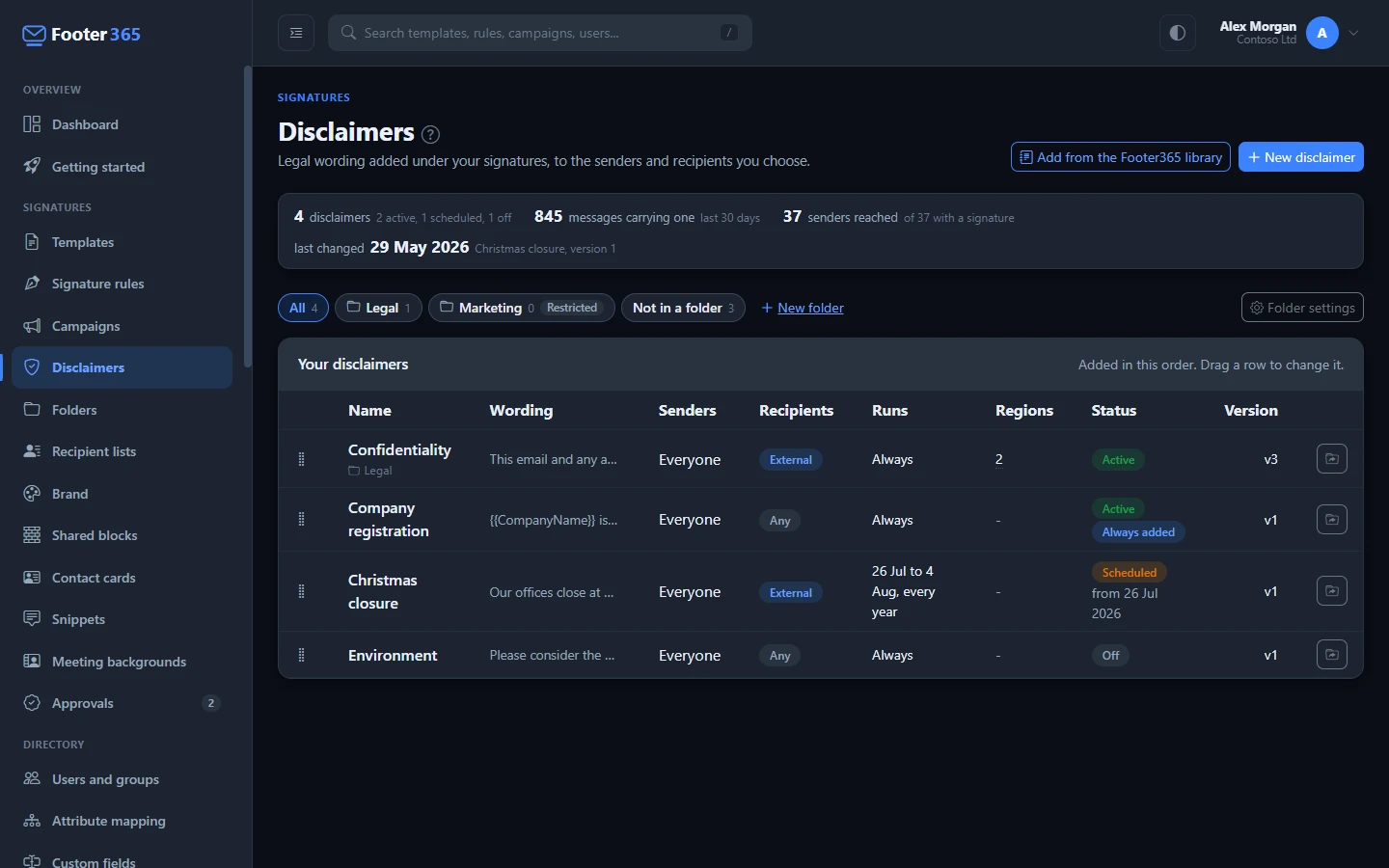 The Disclaimers page with its four summary figures and the list of disclaimers in the order they are added