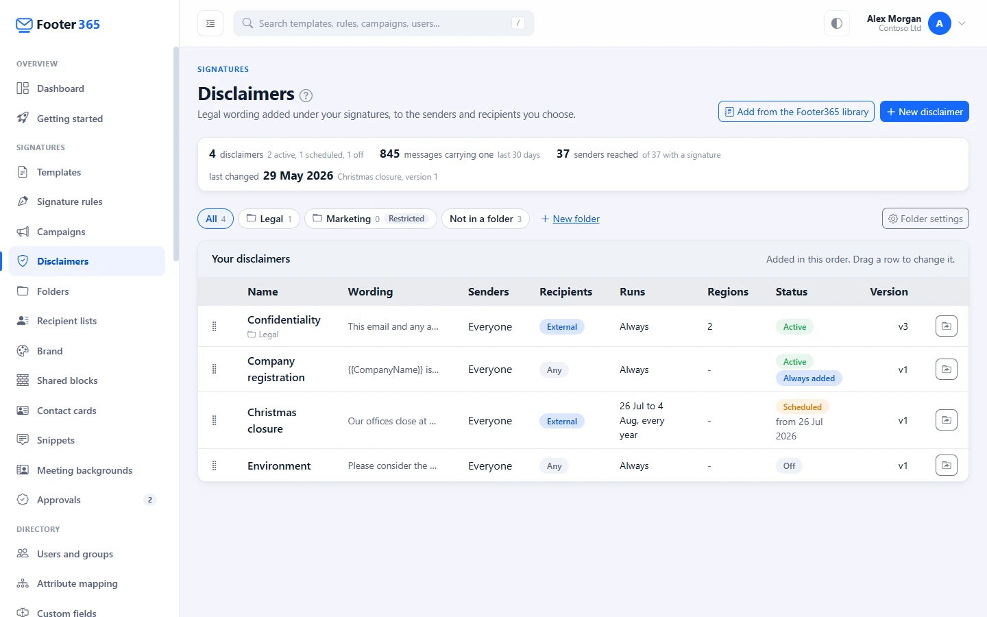 The Disclaimers page with its four summary figures and the list of disclaimers in the order they are added