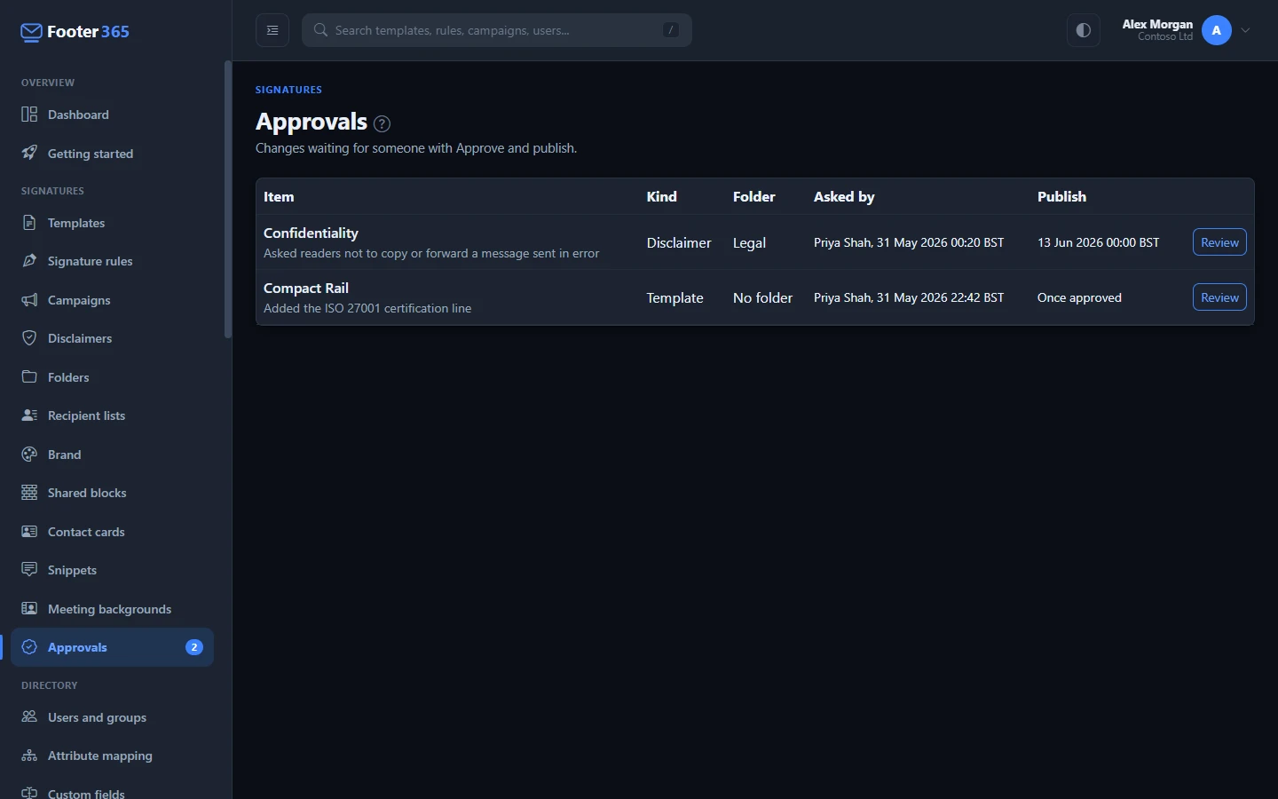 The Approvals page listing changes waiting for approval
