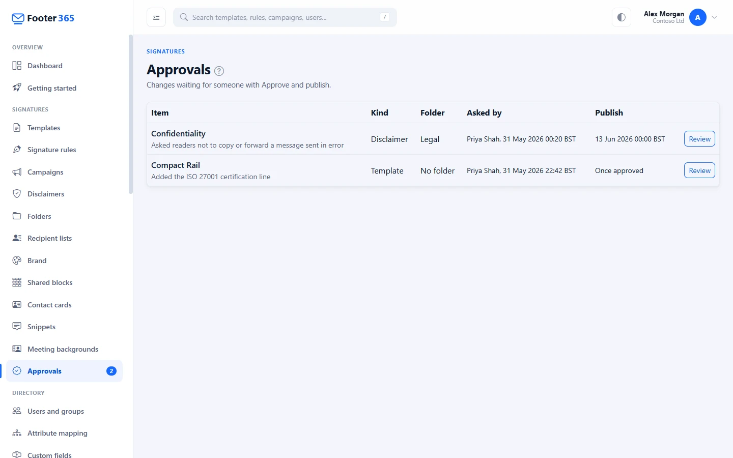 The Approvals page listing changes waiting for approval