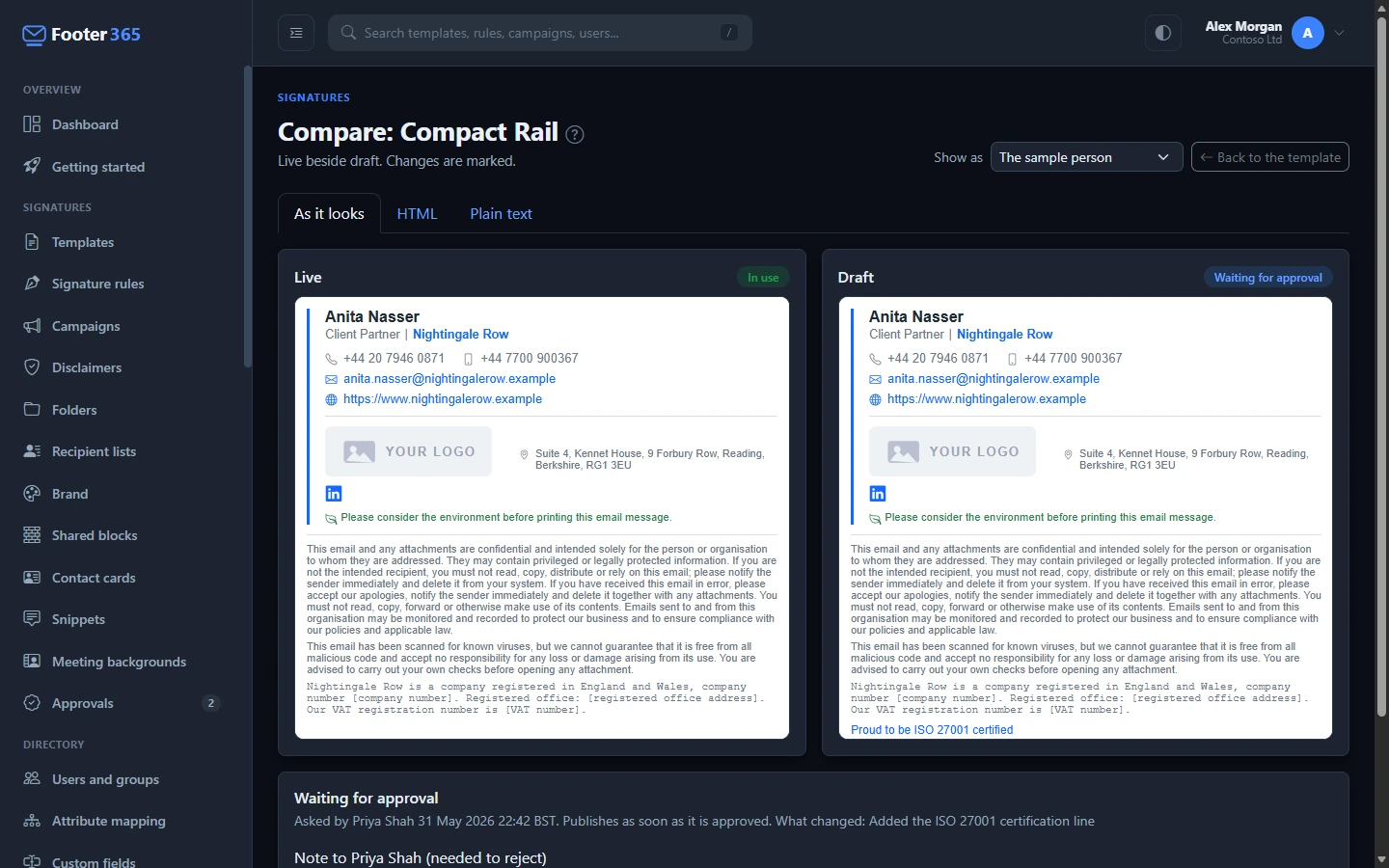 The compare page showing the live template beside its draft, with the change waiting for approval below