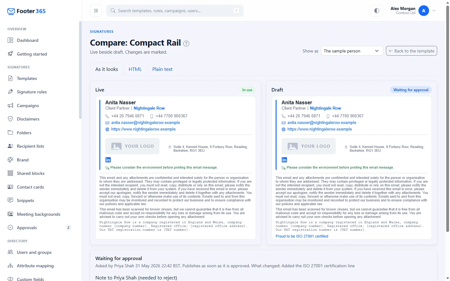 The compare page showing the live template beside its draft, with the change waiting for approval below