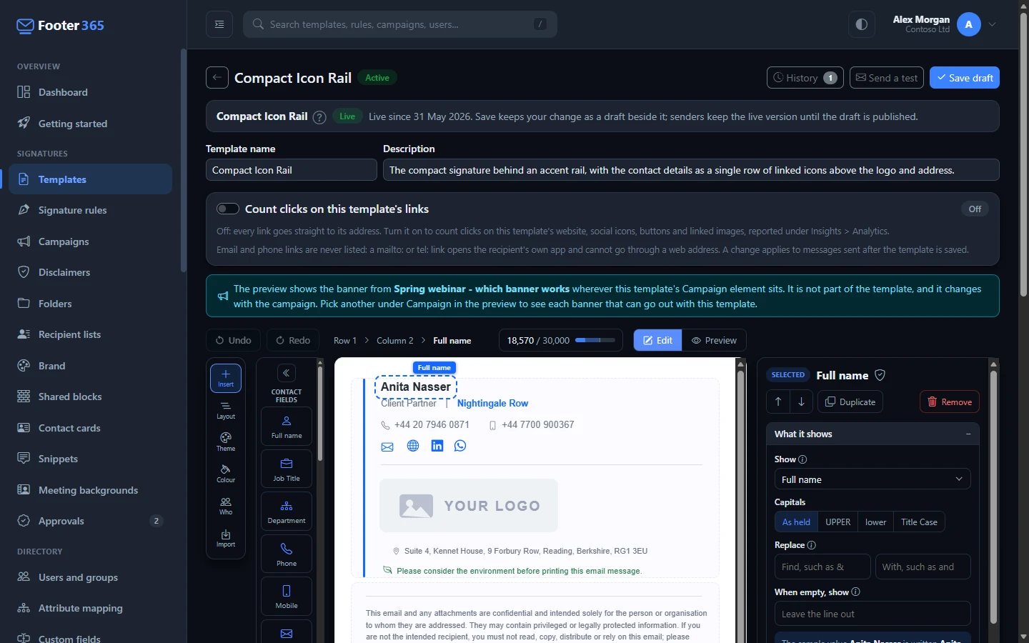 The signature editor with the rail on the left, the canvas in the middle and the selected element's settings on the right