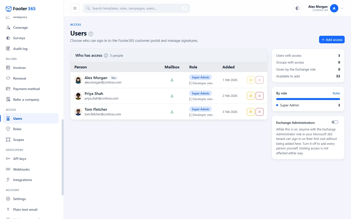 The Users access page with the list of people who have access and the panel beside it holding the figures and the Exchange Administrators switch