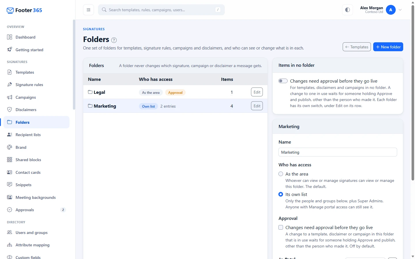 The Folders page listing the Marketing and Legal folders, with the Marketing folder open showing its own access list
