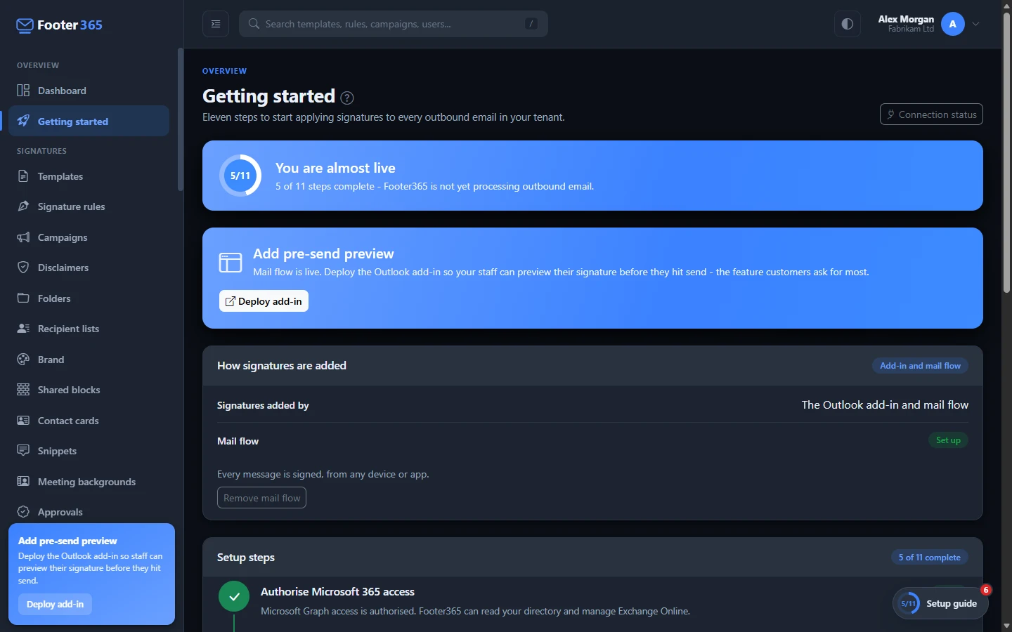 The Getting started page with its eight setup steps