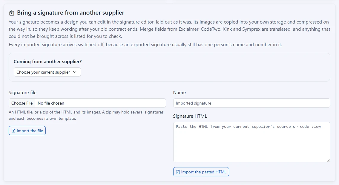 The Bring a signature from another supplier card, with a file upload and a box to paste HTML