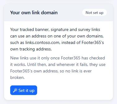 The Your own link domain card with the two ways to reach Footer365 and the Link domain box