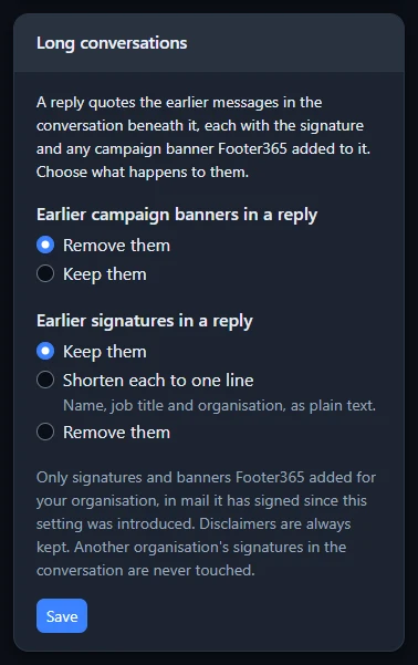 The Long conversations card with the choices for earlier banners and earlier signatures in a reply