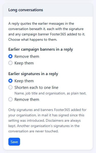 The Long conversations card with the choices for earlier banners and earlier signatures in a reply