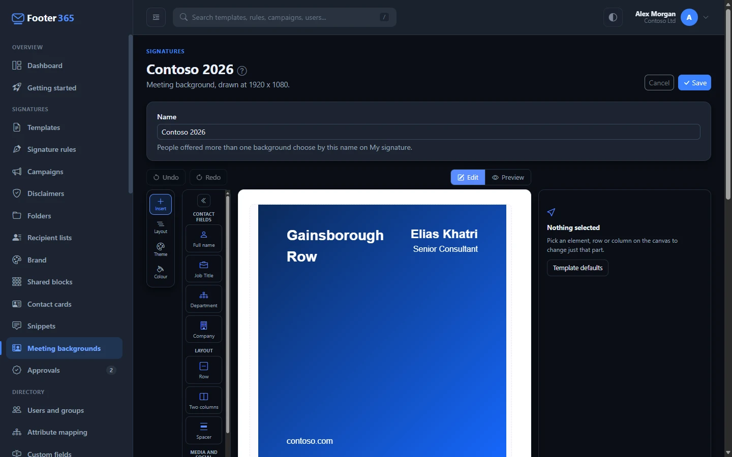 A meeting background open in the designer: the canvas with the company, name and job title, and the Insert panel offering only Name, Job Title, Department and Company among the contact fields