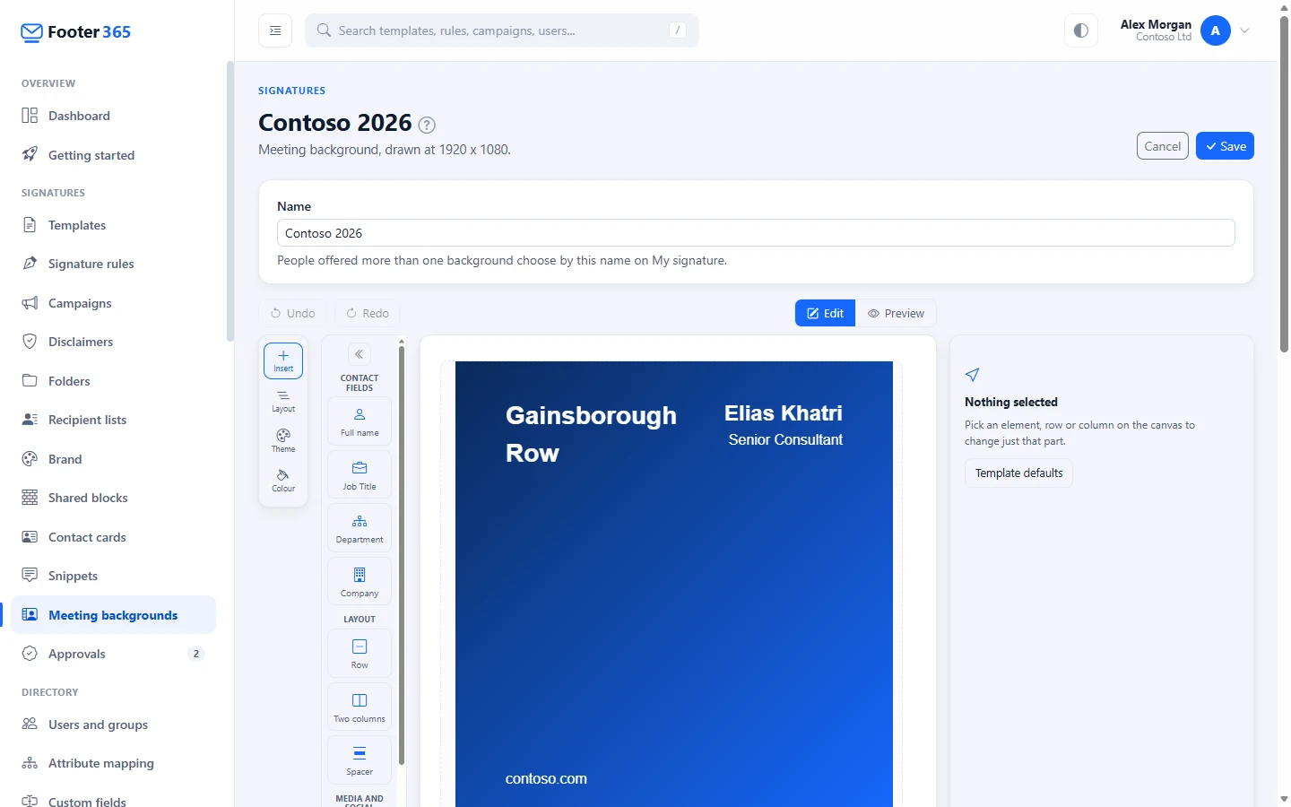 A meeting background open in the designer: the canvas with the company, name and job title, and the Insert panel offering only Name, Job Title, Department and Company among the contact fields