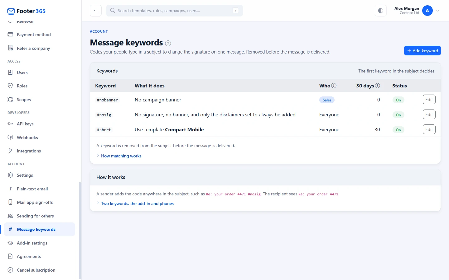 The Message keywords page, listing three keywords