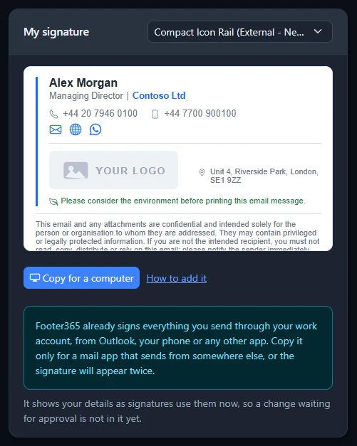The My signature card on the My signature page, with the signature and the buttons that copy it for another mail app