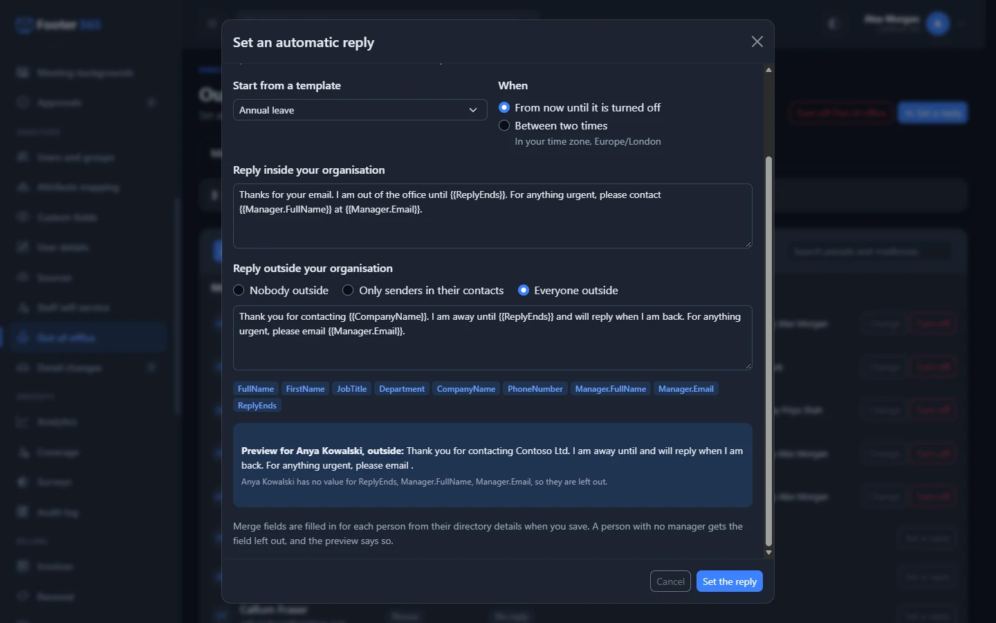 The Set an automatic reply window with a mailbox chosen, the Annual leave template, the choice of when, the two replies and the preview