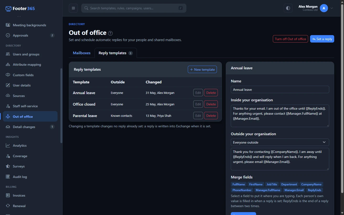 The Reply templates tab listing three templates, with the Annual leave template open beside them and the merge fields under it
