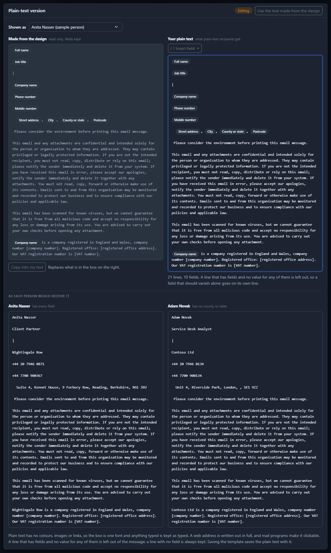 The Plain-text version card open for editing, with the text made from the design on the left, your own plain text with its merge fields on the right, and the text as the sample person would receive it below