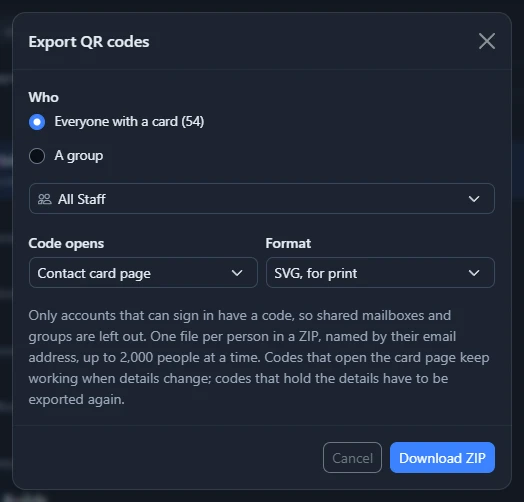 The Export QR codes window, choosing whose codes, what they open and the format
