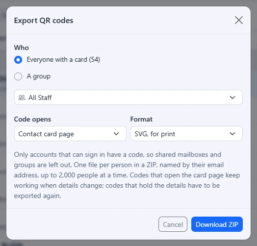 The Export QR codes window, choosing whose codes, what they open and the format