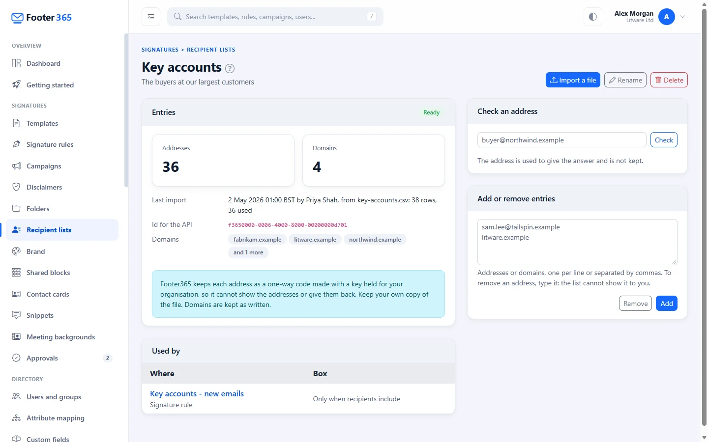A recipient list's page with its address and domain totals, the rules that use it, the Check an address box and the Add or remove entries box