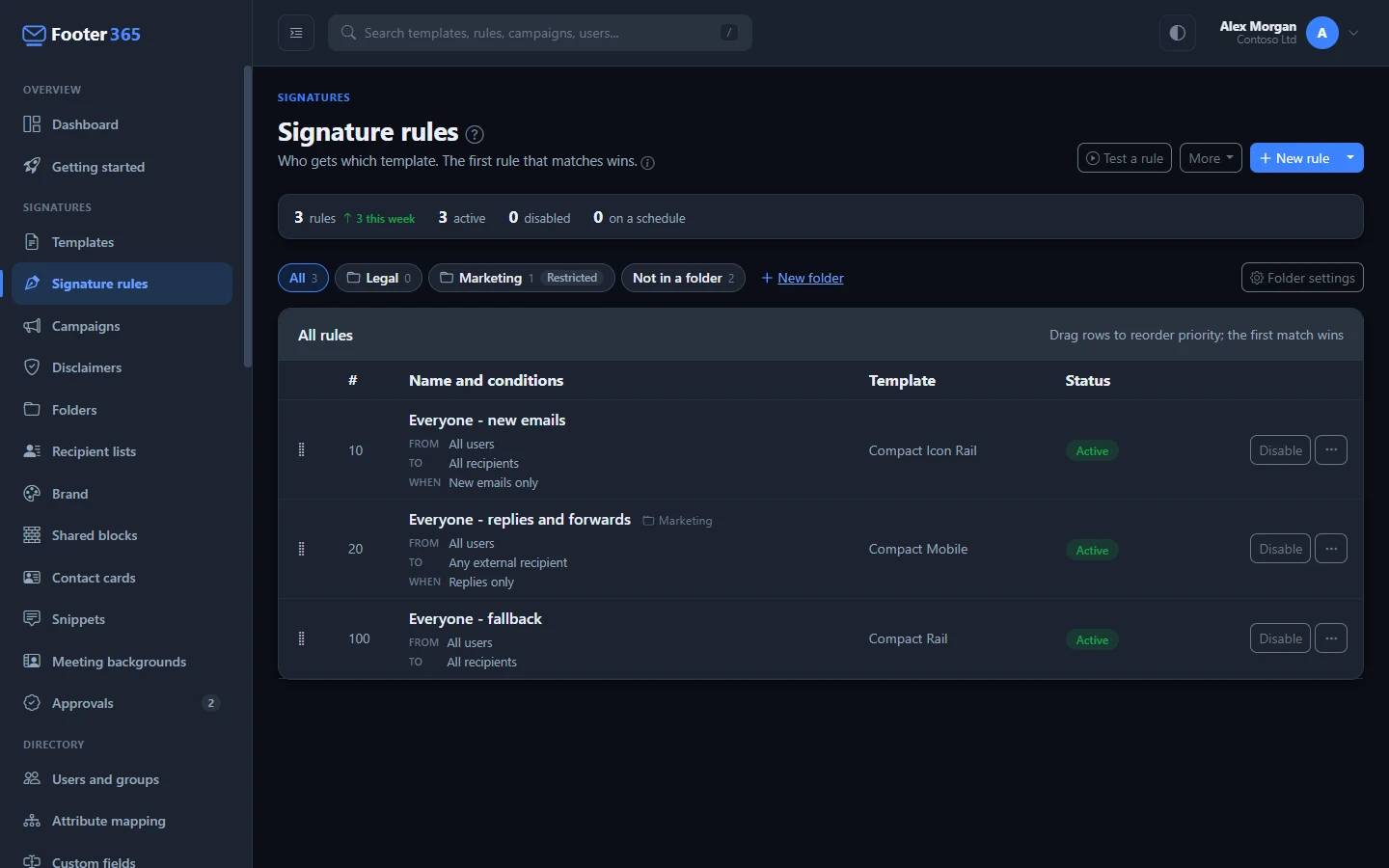 The Signature rules page listing rules in priority order