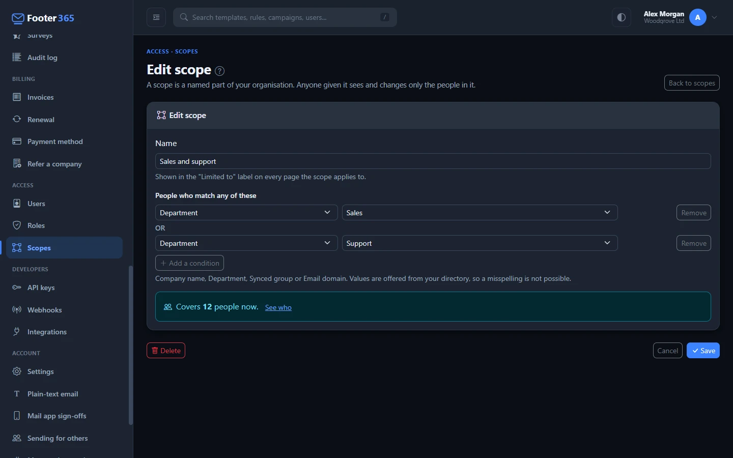 A scope's page with its name, two conditions joined by or, and the line saying how many people it covers now