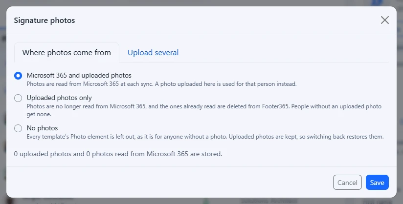 The Photos window on Users and groups, with the three choices for where signature photos come from