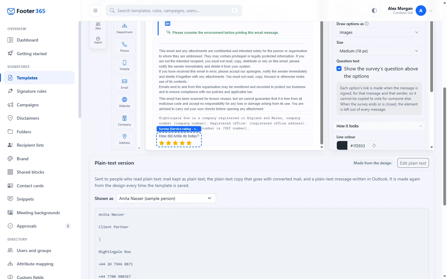 The signature editor with a Survey element selected on the canvas, showing five stars under its question, and its settings on the right
