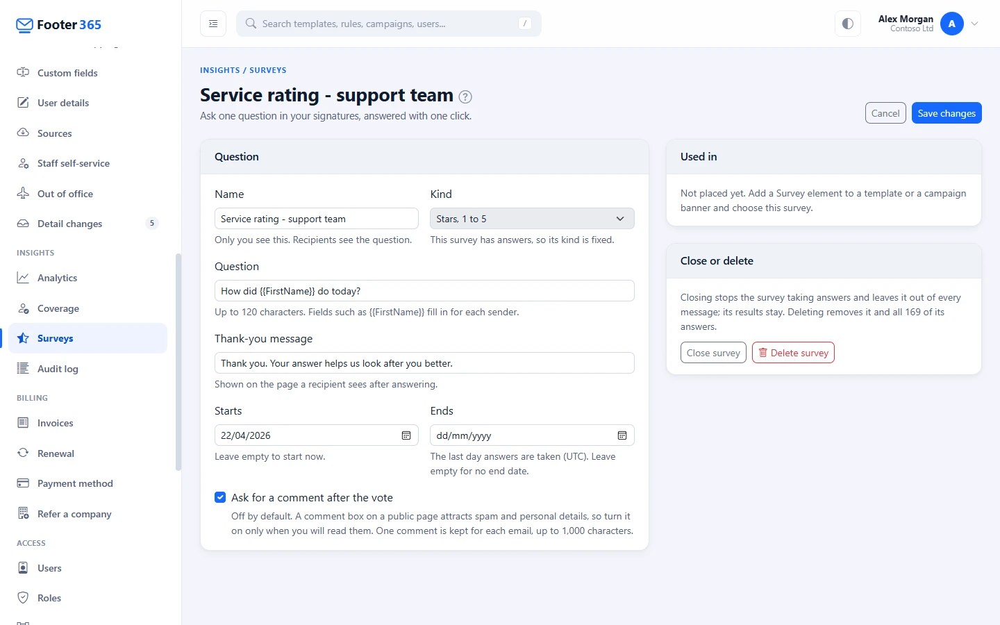 A survey's settings with its name, kind, question, thank-you message, dates and comment setting, and the cards beside them