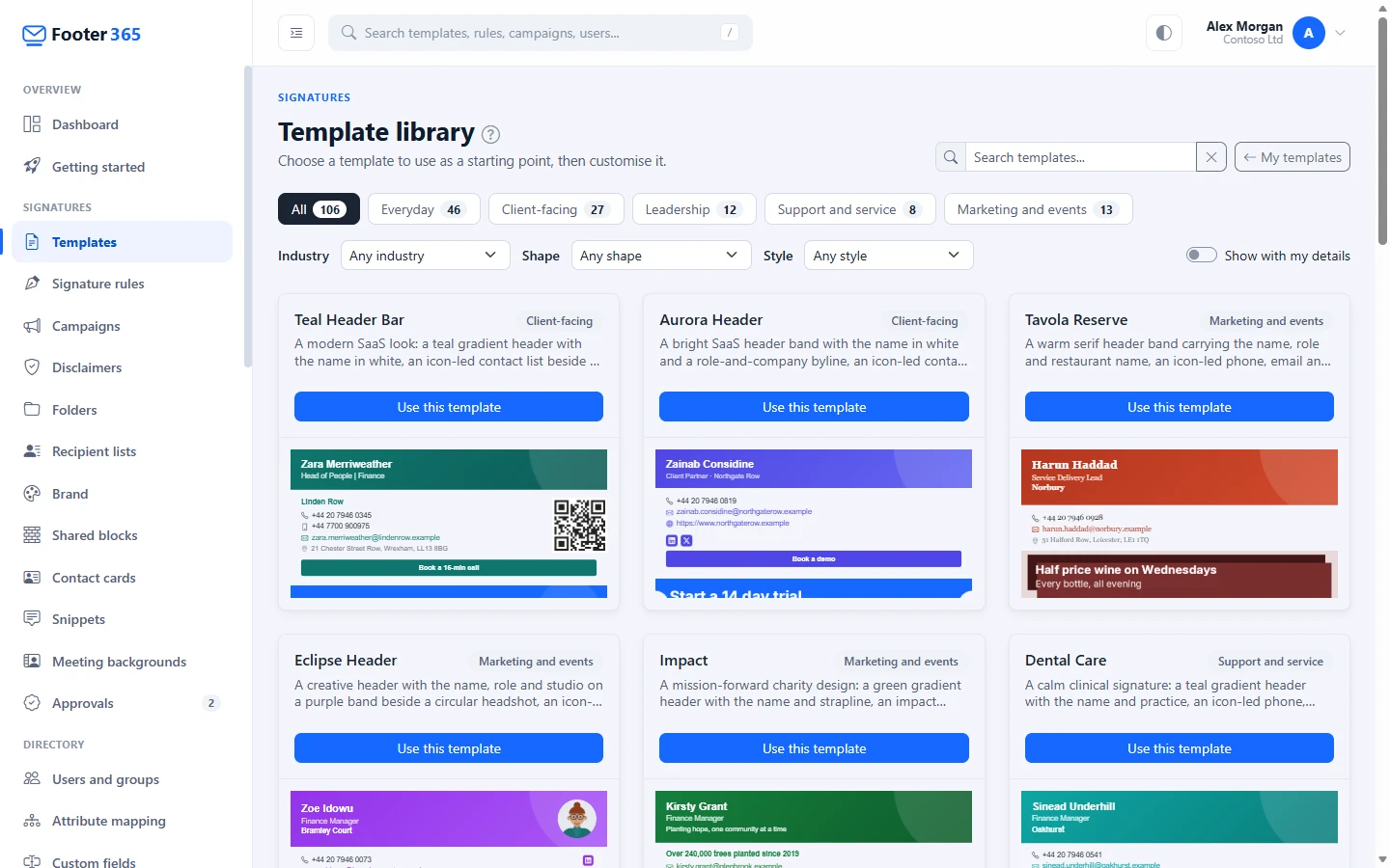 The Template library with purpose buttons, filters and template cards