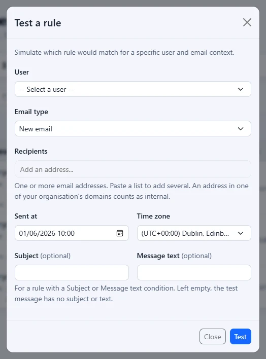 The Test a rule window for choosing a person, an email type, recipients and a send time