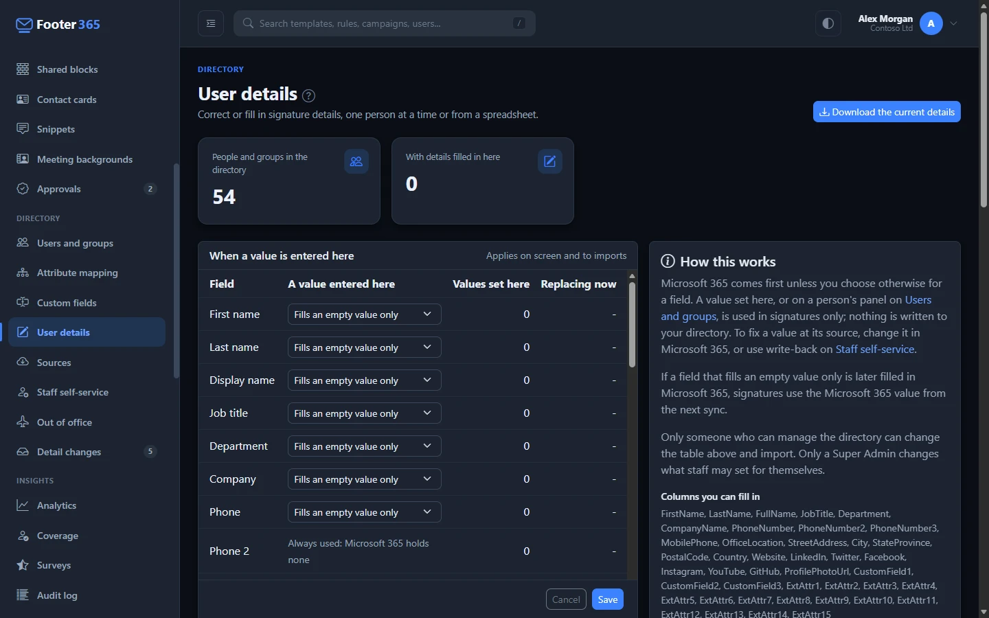 The User details page with its summary figures, the When a value is entered here card and the How this works card