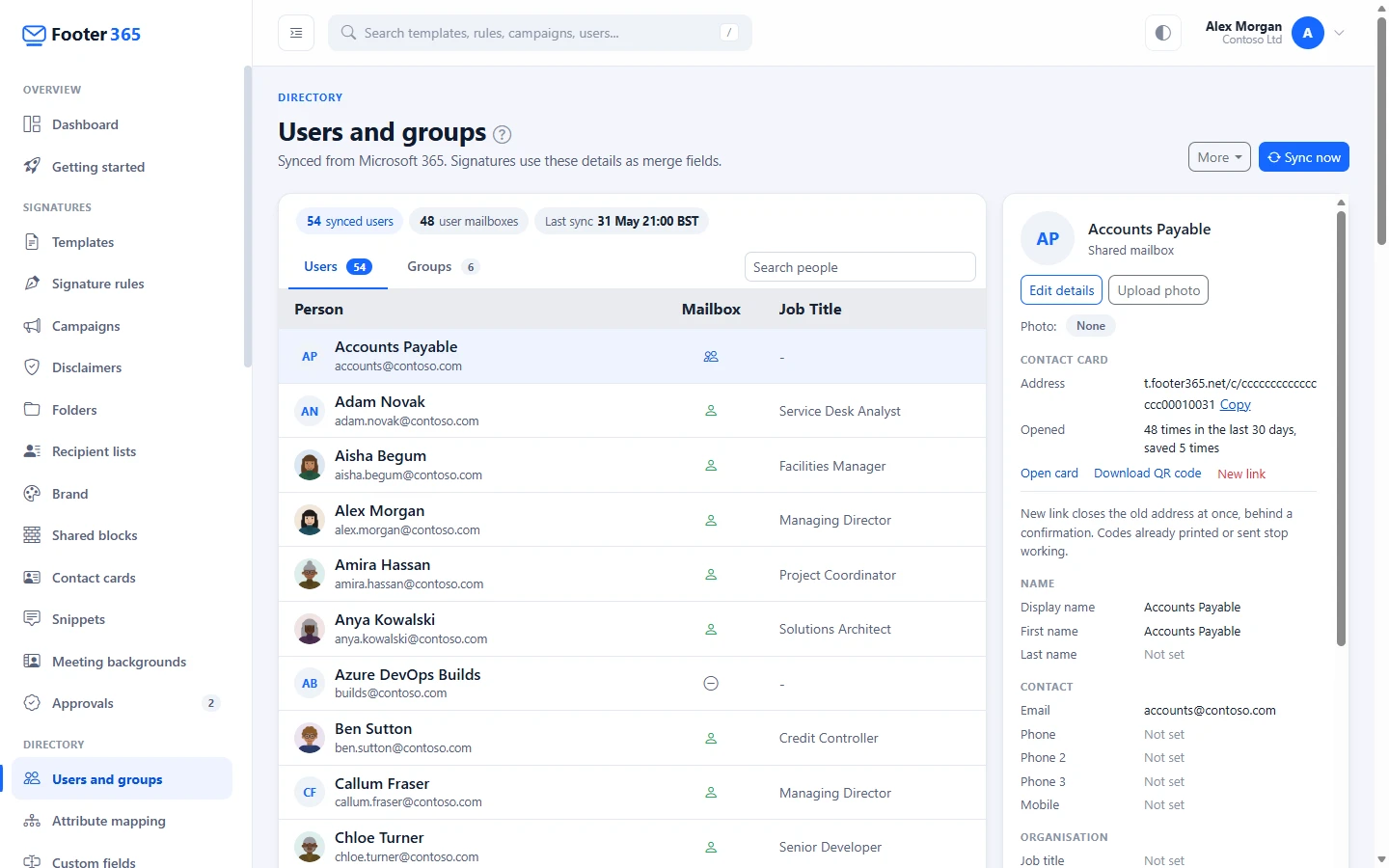 The Users and groups page with its figures above the list, the details of one person beside it, and the Sync now button