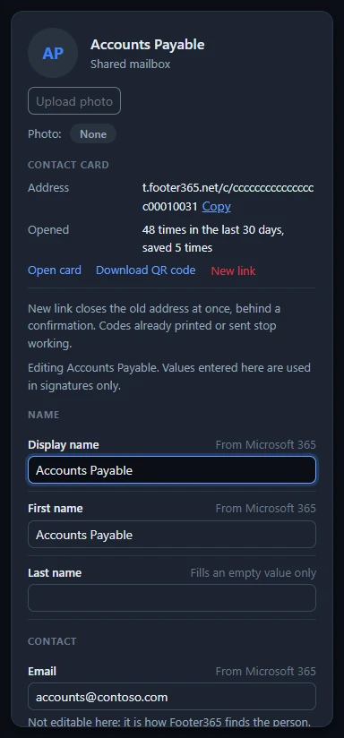 The person panel on Users and groups as an edit form